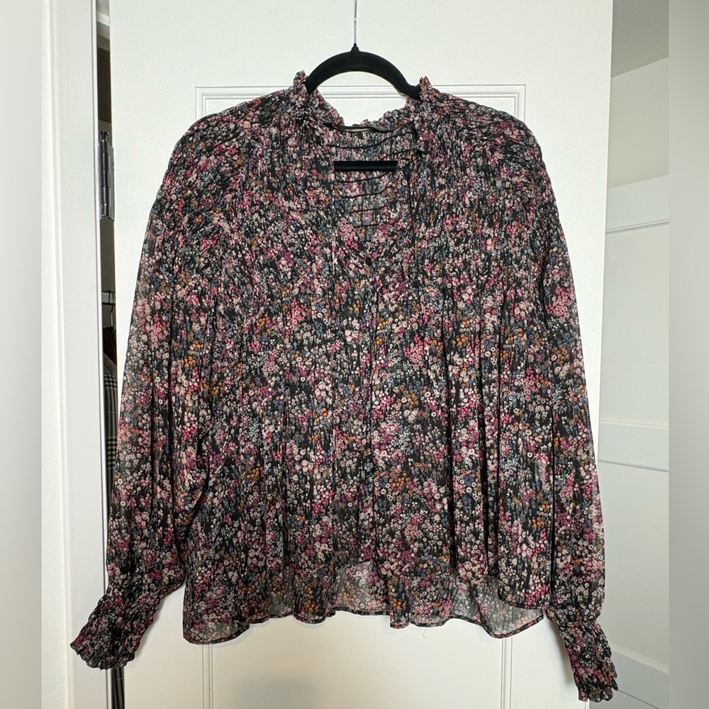 Zara Floral Sheer Button Down Boho Top (Large)